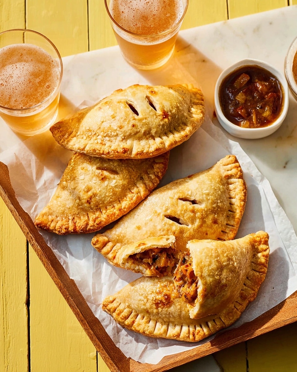 The image shows five golden brown hand pies placed on white parchment paper inside a light wooden tray. Each hand pie is a half-circle shape with crimped edges and a shiny, flaky crust marked by a few fork holes and small slits on top. One hand pie at the bottom is broken in half, revealing a rich, chunky filling of browned meat and small pieces of vegetables in warm tones of brown and orange. Around the tray are two clear glasses filled with frothy amber beer and a small white bowl containing a dark chunky sauce or dip. The scene is set on a white marbled surface with soft natural light highlighting the texture of the crusts. photo taken with an iphone --ar 4:5 --v 7