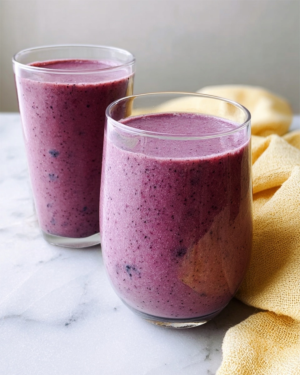Two clear glasses filled with thick purple-red smoothie are placed on a white marbled surface. The glass on the left is taller and fuller, with smooth and even texture visible in the smoothie, while the shorter glass on the right is about three-quarters full and shows a slightly darker shade of the same color. A soft yellow towel is placed partially visible behind the right glass, adding a warm tone to the scene. The background is simple, clean, and white. Photo taken with an iphone --ar 4:5 --v 7