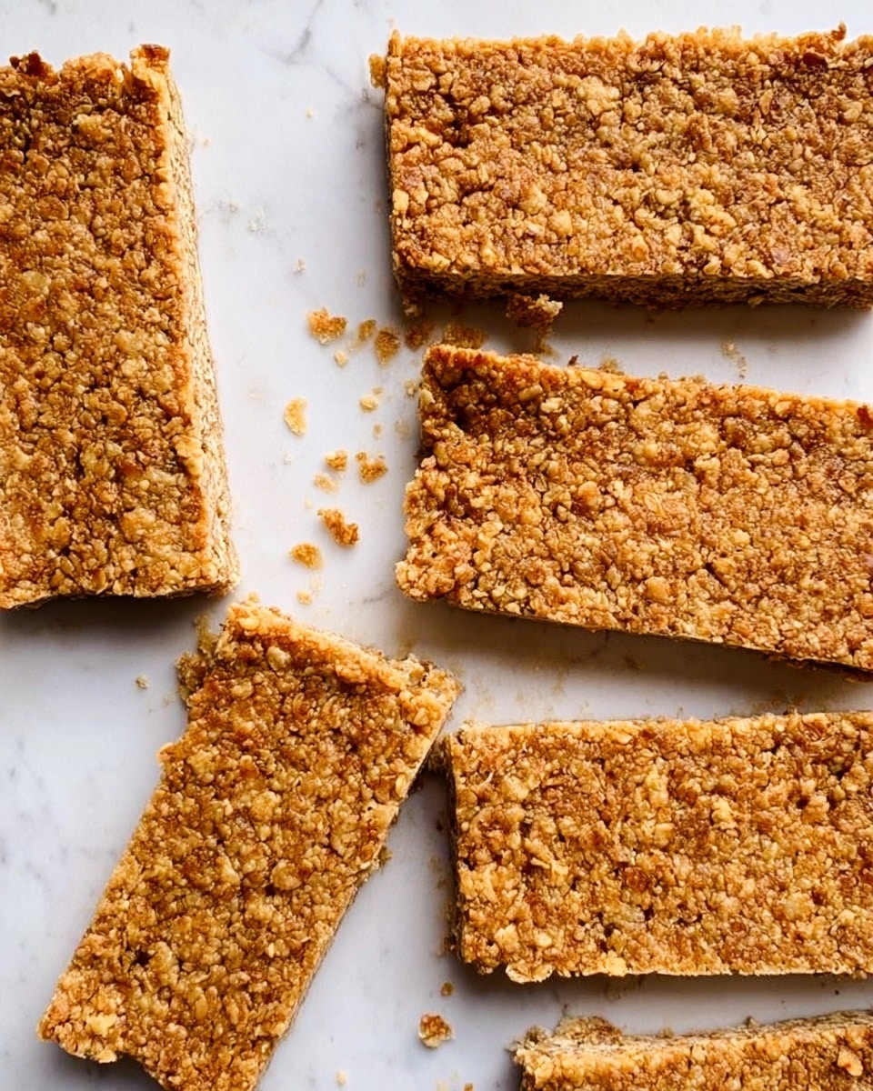 The image shows four rectangular oat bars placed on white baking paper, arranged in two rows with three on top and one below. The bars have a rough, crumbly texture and a golden-brown color from baked oats. The top layer is uneven with visible oat flakes and small clusters, giving a crunchy look. The bars appear thick and dense, with some crumbs scattered around them on the paper. The background is a white marbled texture. photo taken with an iphone --ar 4:5 --v 7