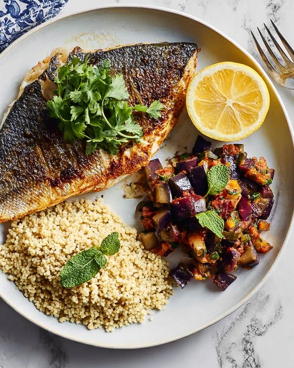 A light blue round plate contains three main layers of food. At the bottom left is a mound of crumbly, pale beige couscous with a soft texture. To the right of the couscous, there is a mix of cooked diced vegetables including eggplant and tomatoes, showing colors of brown, dark purple, and red, garnished with small green mint leaves. On the top center of the plate, two fillets of cooked fish lie stacked with a golden-brown, crispy skin on top and white flaky flesh below. Next to the fish is a bright yellow half lemon and a small bunch of fresh green cilantro leaves. The plate is set on a white marbled surface and a silver fork lies nearby. photo taken with an iphone --ar 4:5 --v 7