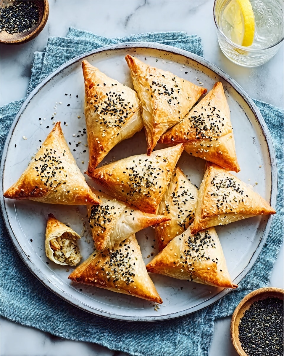 A white round plate filled with ten golden-brown triangular pastries topped with black sesame seeds, arranged neatly with one pastry broken open showing a crumbly filling inside; the plate rests on a light blue cloth, all set on a white marbled surface with a glass of water with lemon and a small bowl of black seeds nearby. photo taken with an iphone --ar 4:5 --v 7