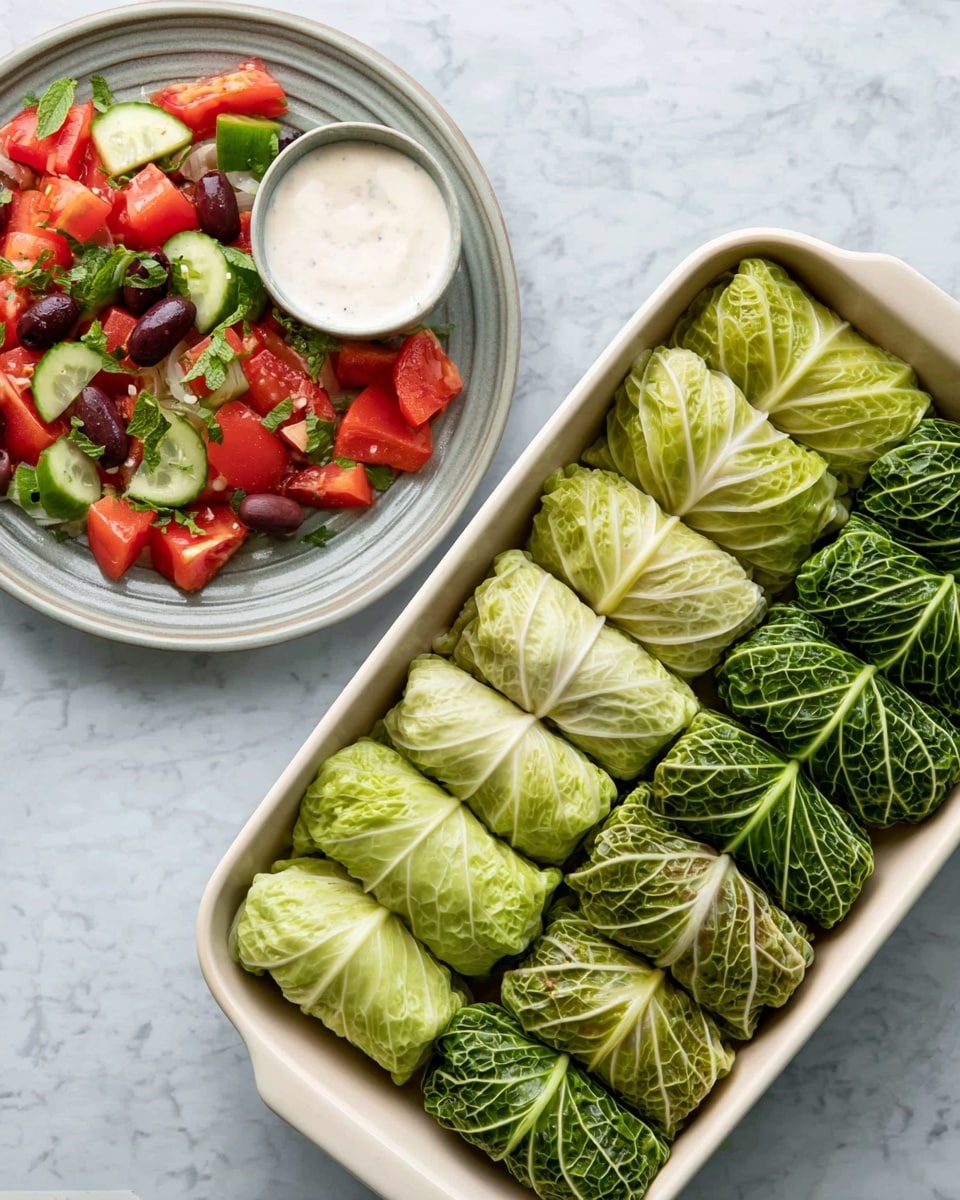 The image shows a white rectangular baking dish filled with neatly arranged cabbage rolls in two shades of green, lighter green rolls on one side and darker green rolls on the other, each leaf showing detailed vein patterns with a smooth surface. Next to it on a pale gray plate, there is a fresh salad made of bright red tomato chunks, light green cucumber slices, dark purple olive pieces, and green herb leaves, alongside a small white bowl with a creamy white dressing sitting on the plate. Everything is placed on a white marbled surface with a soft texture. photo taken with an iphone --ar 4:5 --v 7