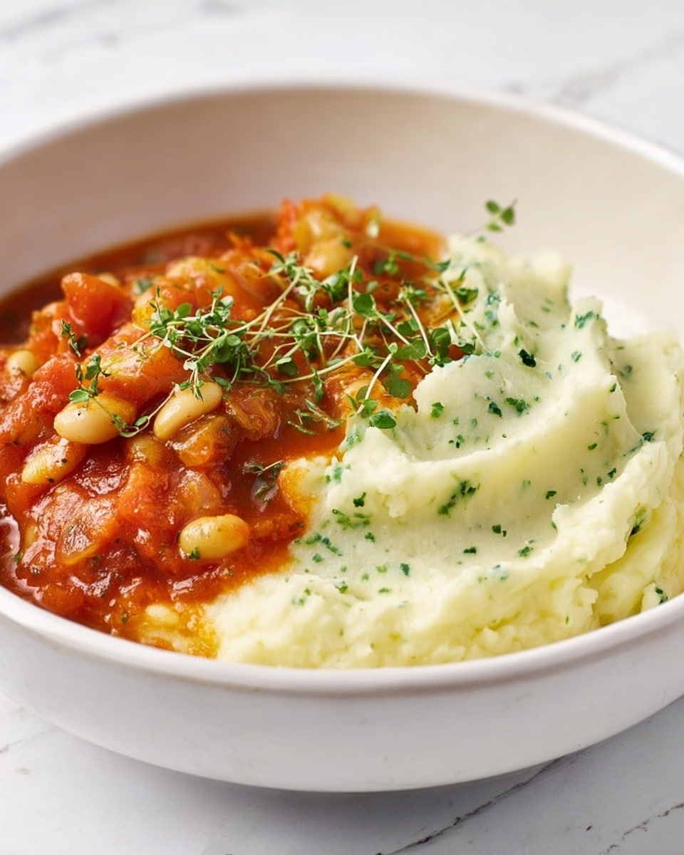 The dish shows two main layers in a white bowl set on a white marbled surface: on the right side, there is a smooth, creamy layer of mashed potatoes with visible small green herbs mixed in, giving it a light texture with some specks of green; on the left side, there is a thick, reddish-orange tomato sauce with soft chunks of onion and beans, topped with a few small green herb sprigs for garnish. The colors contrast well, with the bright white and green mix of the mashed potatoes beside the warm, rich tones of the sauce and beans. Photo taken with an iphone --ar 4:5 --v 7