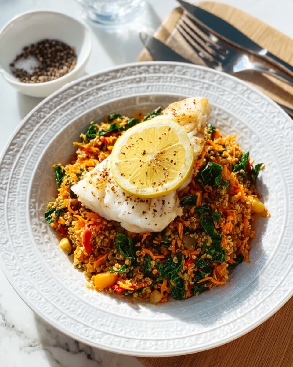 The image shows a white plate with a raised decorative edge, placed on a white marbled surface. On the plate, there is a base layer of mixed rice with orange and brown colors, mixed with small green leafy pieces and chunks of orange vegetables like squash. On top of the rice, there is a white fillet of cooked fish with a smooth texture and a light sprinkle of black pepper. A round slice of lemon rests on the fish fillet. Next to the plate, there is a white dish with coarsely ground black pepper and silver cutlery resting on the marble surface. A glass of water is in the background. Photo taken with an iphone --ar 4:5 --v 7
