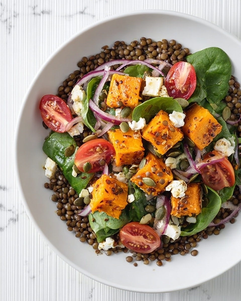 The image shows a white plate of salad on a white marbled surface. The salad has four main layers: the bottom layer is small green spinach leaves spread evenly, next is a layer of dark brown lentils scattered across the plate. On top of that, there are bright orange roasted pumpkin cubes placed evenly, mixed with sliced red cherry tomatoes and thin slices of purple red onion. White crumbled cheese is sprinkled over the salad, and a few green pumpkin seeds are scattered around. The colors are bright and fresh, with a mix of red, orange, green, brown, white, and purple. Photo taken with an iphone --ar 4:5 --v 7