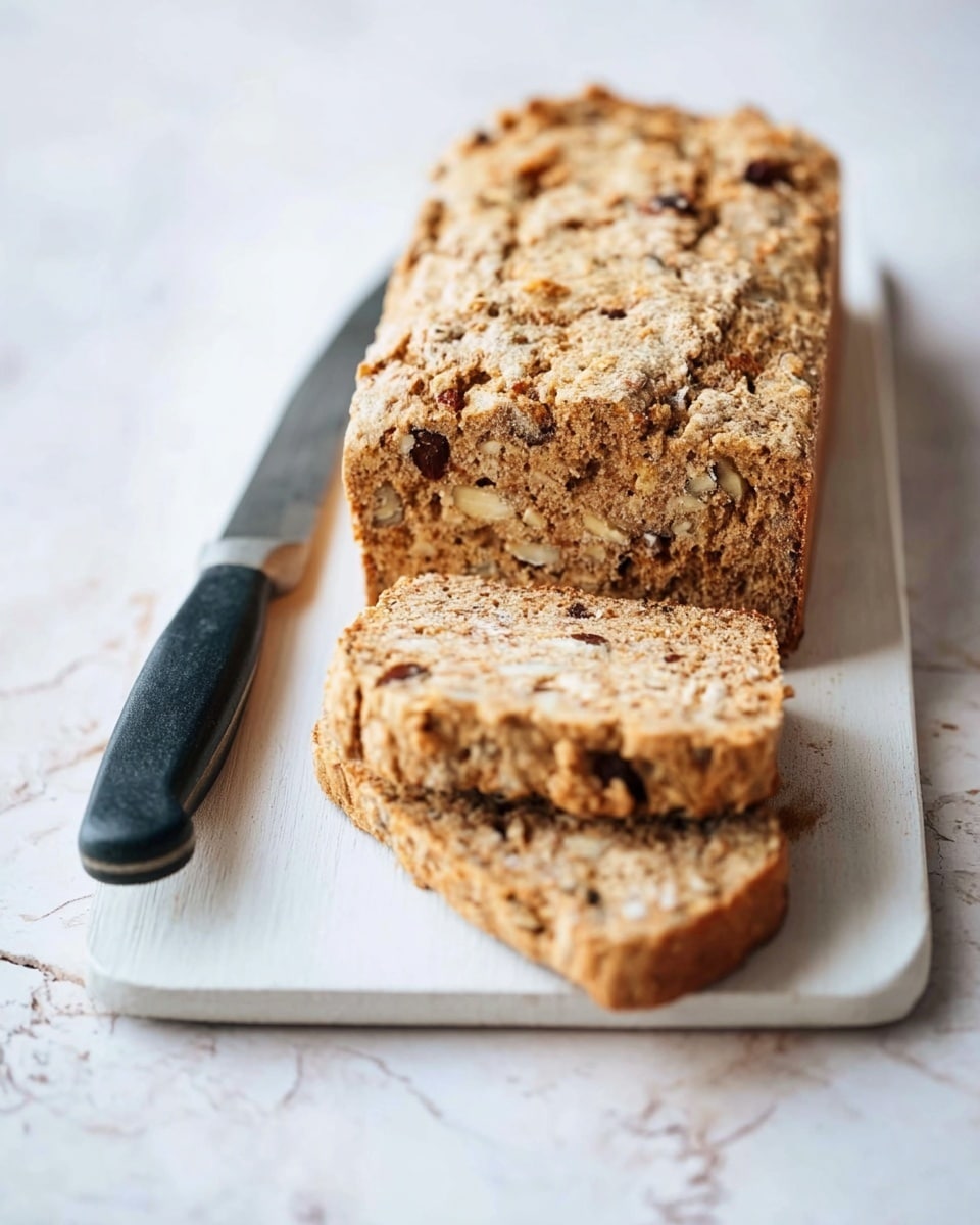 A loaf of bread with a rough, crumbly golden-brown crust rests on a white wooden board placed on a white marbled surface. Two thick slices are cut from the front of the loaf, showing an inside with a soft, light brown texture mixed with small chunks of white and dark bits, giving a rustic, homemade feel. A knife with a dark handle and shiny silver blade lies next to the loaf on the board. photo taken with an iphone --ar 4:5 --v 7