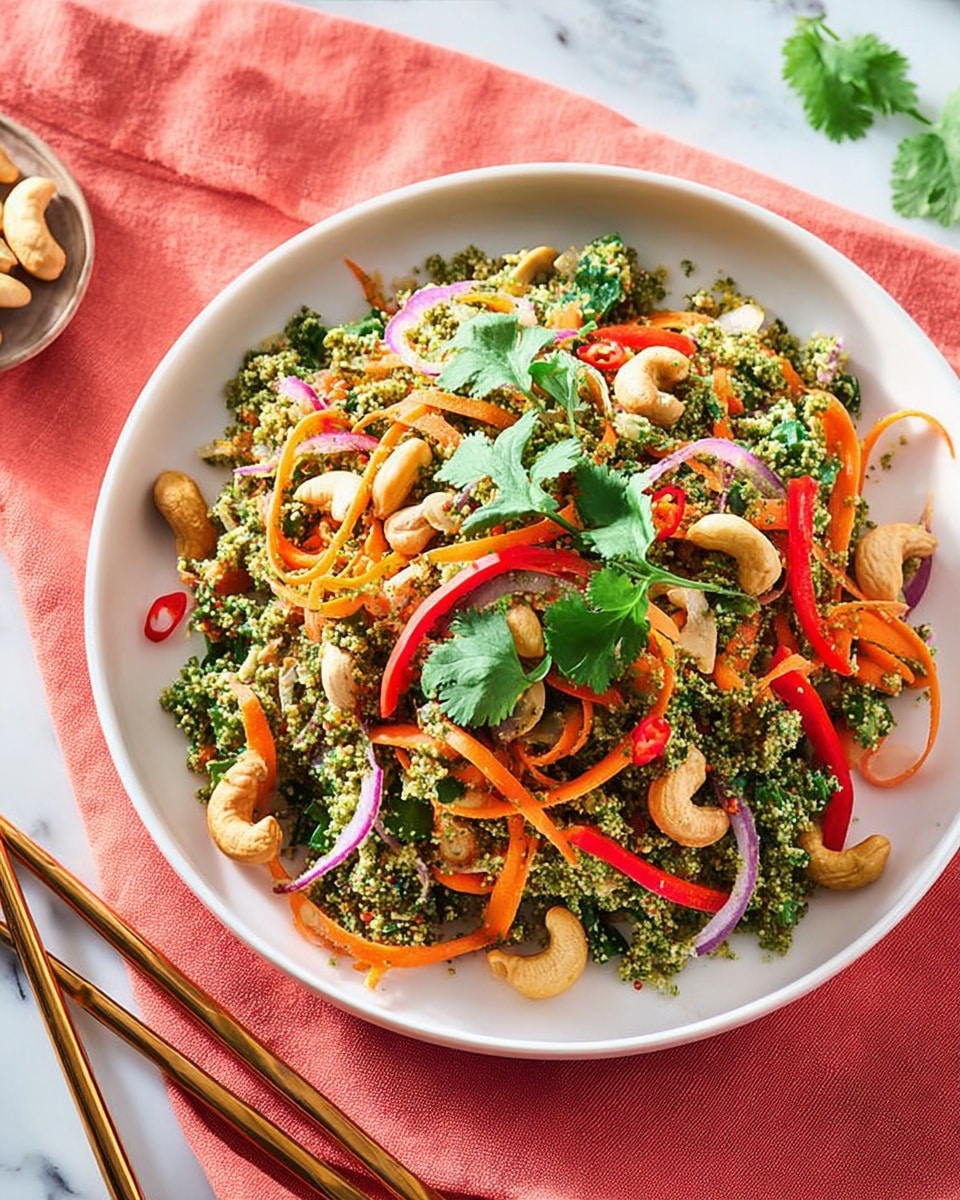 A white bowl filled with a colorful mixed vegetable dish is placed on a white marbled surface. The dish has a crumbly green base likely made from finely chopped vegetables or herbs, with thin strips of orange and yellow bell peppers and shredded purple onions mixed throughout. There are scattered whole cashews and sliced red chili peppers on top, adding texture and pop of bright color. Fresh green cilantro leaves are placed as garnish on the top and around the edges. The bowl sits on a light pink plate and to the left are light turquoise and wooden chopsticks. A coral-colored napkin is beside the plate. photo taken with an iphone --ar 4:5 --v 7