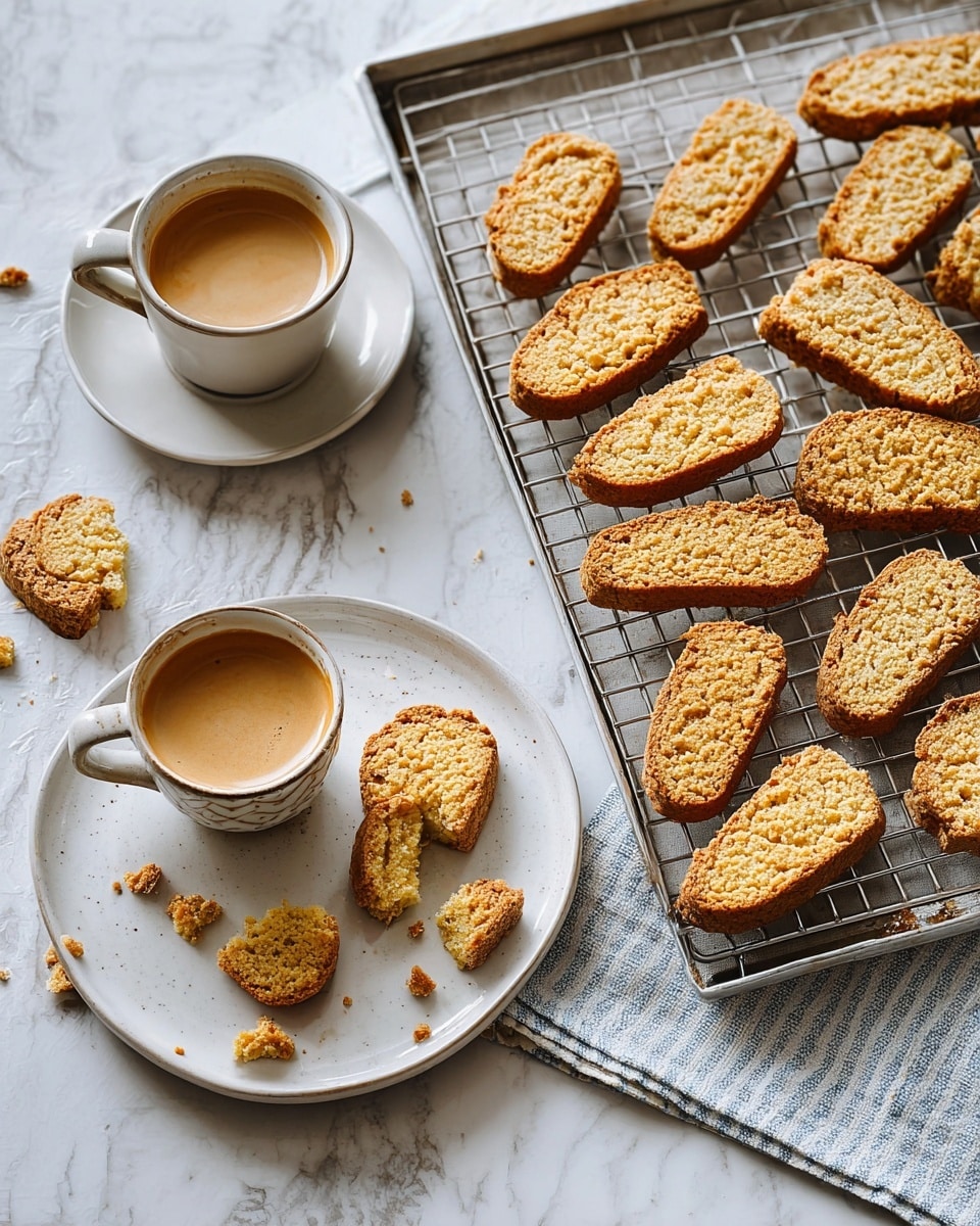 A silver cooling rack on a baking sheet holds about eighteen golden brown biscotti pieces, each slice showing a rough, crumbly texture and slightly curved top edges, arranged in a casual spread. To the left, a white plate with a golden brown biscotti piece broken with crumbs around it sits beside two white ceramic cups filled with coffee and latte, both showing creamy froth on top. The entire scene rests on a white marbled texture with a blue and white striped cloth peeking from underneath the baking sheet, creating a cozy and rustic feel. Photo taken with an iphone --ar 4:5 --v 7