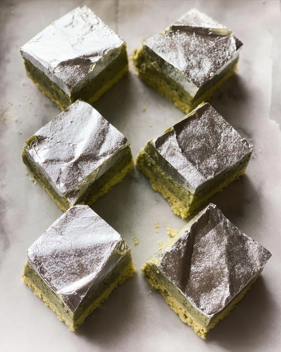 The image shows several diamond-shaped pieces of a greenish dessert with two visible layers: a dense green base layer with a grainy texture and a thin, shiny silver foil layer on top. The pieces are evenly cut and placed closely on a sheet of parchment paper set on a white marbled surface. The silver foil layer has a slightly crinkled texture that reflects light. The arrangement is neat, and the focus is on the pieces' shiny tops and textured bases. Photo taken with an iphone --ar 4:5 --v 7
