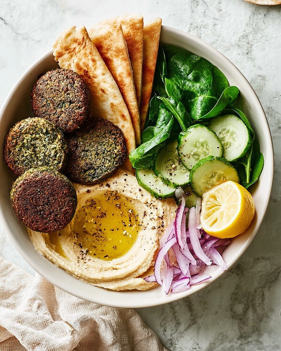 A white bowl sits on a white marbled surface containing layered food items. The bottom left holds a smooth, creamy, light beige hummus spread with a drizzle of olive oil and a sprinkle of black pepper. Above the hummus, five dark green falafel balls with a rough texture form a cluster. To the right of the falafel, three triangular pieces of beige pita bread are stacked leaning against the falafel. Next to the pita, there are fresh light green cucumber slices with black pepper on them, and dark green fresh spinach leaves filling the top right section. A small pile of thinly sliced purple and white red onion rests near the center of the bowl. A round lemon slice with a bright yellow color is placed near the spinach on the bottom right edge of the bowl. Another small white bowl with more hummus is partially visible at the top. The scene is set against a white marbled background with a beige cloth partially covering the surface. photo taken with an iphone --ar 4:5 --v 7