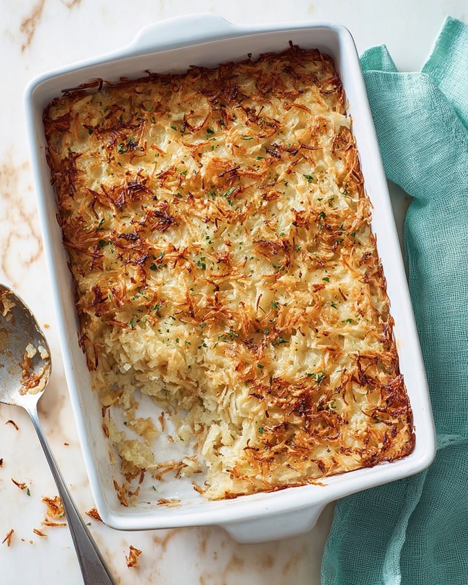 A rectangular white ceramic baking dish contains a lightly browned casserole with a crispy top layer that shows shredded light brown and golden pieces mixed with green herbs, slightly charred in spots. One corner of the casserole has been scooped out, revealing a moist, pale beige interior layer with visible rice or grain texture. The dish rests on a white marbled surface, with a soft teal cloth draped casually to the side. Next to the dish is a silver spoon with a light wooden handle, holding a small amount of the casserole on it. The photo taken with an iphone --ar 4:5 --v 7