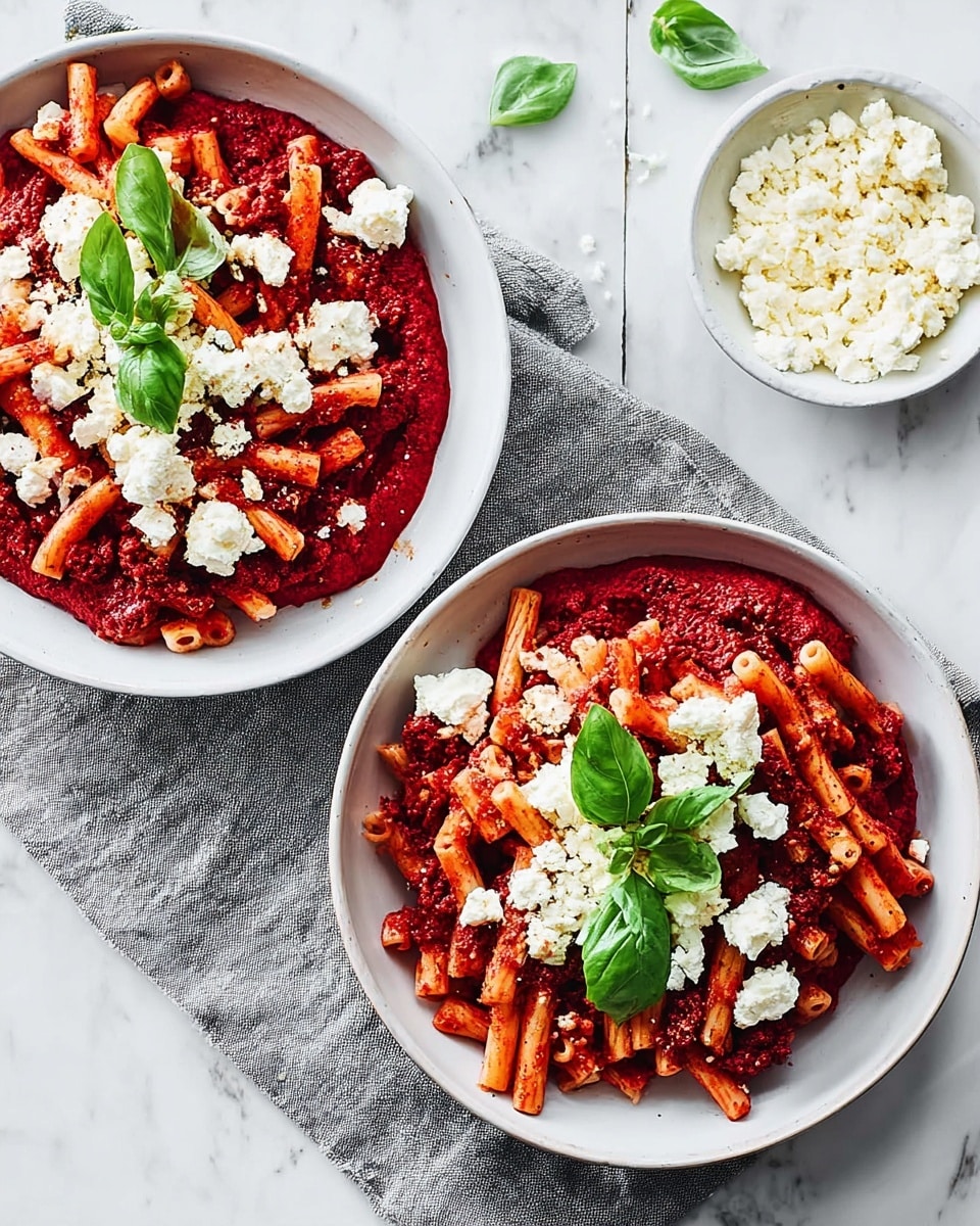 Two white bowls contain pasta with thick red tomato sauce as the base layer. The pasta pieces are short, tube-like, with some slightly curved, mixed throughout the sauce. On top, there are small, uneven white chunks of cheese scattered around and some black pepper sprinkled. Each bowl is garnished with three fresh green basil leaves in the center. The bowls rest on a soft gray cloth placed on a white marbled surface. To the top right, a small white bowl holds extra cheese pieces. Photo taken with an iphone --ar 4:5 --v 7