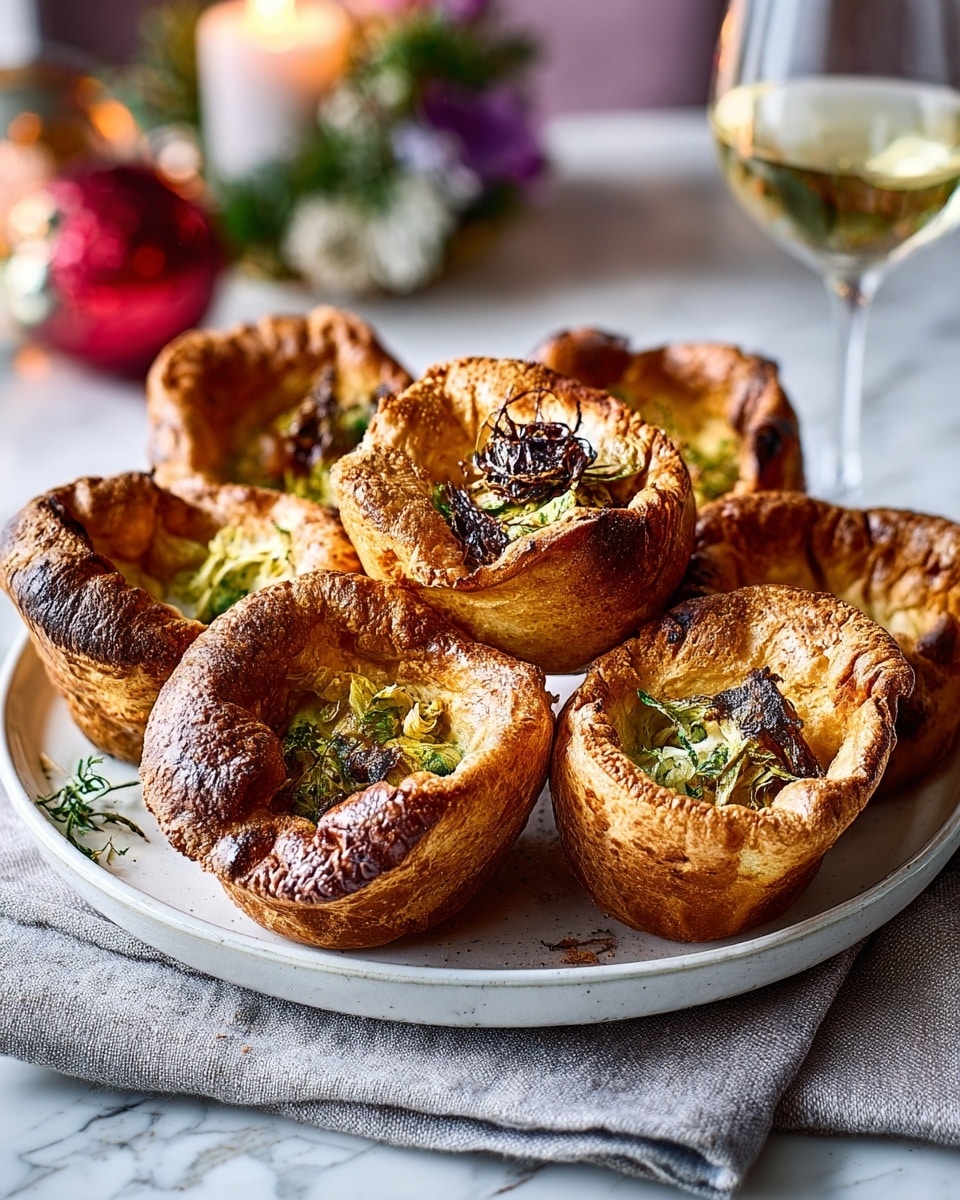 A round white plate is full of golden brown Yorkshire puddings that have puffed up with crispy, uneven, and slightly cracked tops. Each Yorkshire pudding has a soft, hollow center with darker browned spots and some have thin, charred strands of herbs or onions peeking out. The plate sits on a soft gray cloth over a white marbled surface. In the background, there is a blurred red ornament, glassware, and silver cutlery, creating a cozy, festive meal feel. Photo taken with an iphone --ar 4:5 --v 7