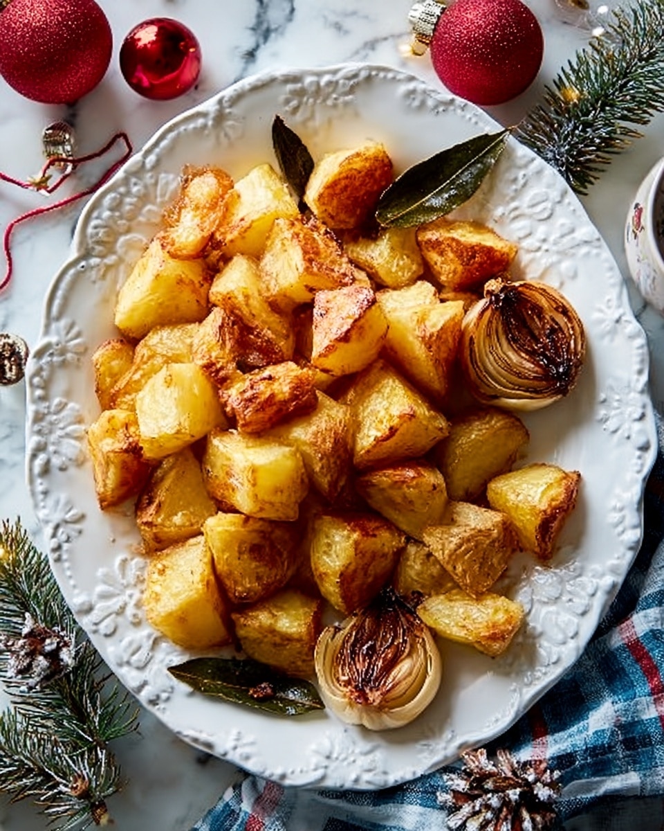 The image shows a white, decorative plate filled with golden roasted potatoes that have slightly crispy edges and soft centers. The potatoes are cut into irregular large chunks, arranged in a scattered way, with some pieces browned more than others for texture. There are also two halved heads of roasted garlic with a caramelized surface placed near the center and bottom of the pile. A few dark green bay leaves are sprinkled between the potatoes, adding color contrast. The plate is set on a white marbled surface with a festive table setting nearby, including small ornaments and greenery. Photo taken with an iphone --ar 4:5 --v 7