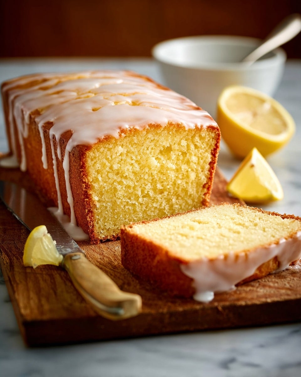 A rectangular lemon cake on a wooden board with one thick slice cut and lying flat in front, showing a soft, light yellow inside with a fine crumb texture. The cake has a golden brown crust and is covered on top and bottom edges with a shiny white glaze that drips slightly down the sides. A halved lemon and a knife with a wooden handle lie on the board next to the cake. In the blurred background, a white bowl with a spoon is visible, all set against a warm brown backdrop. photo taken with an iphone --ar 4:5 --v 7