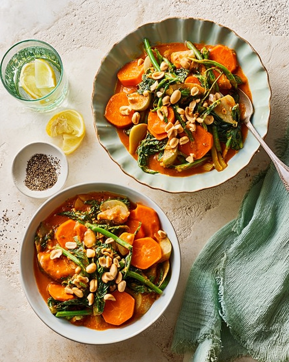 Two white scalloped bowls filled with a vibrant orange curry dish that has visible layers of green vegetables, thinly sliced orange carrots, and cashew nuts on top. The curry sauce looks thick and glossy, covering the ingredients evenly. One bowl has a spoon resting inside, while the other is untouched. Nearby, there is a small white marbled surface area with black peppercorns and a glass of water with a lemon slice on a white marbled texture. A pale green cloth napkin is placed beside the bowls, with a woman's hand holding the spoon in the upper bowl. photo taken with an iphone --ar 4:5 --v 7