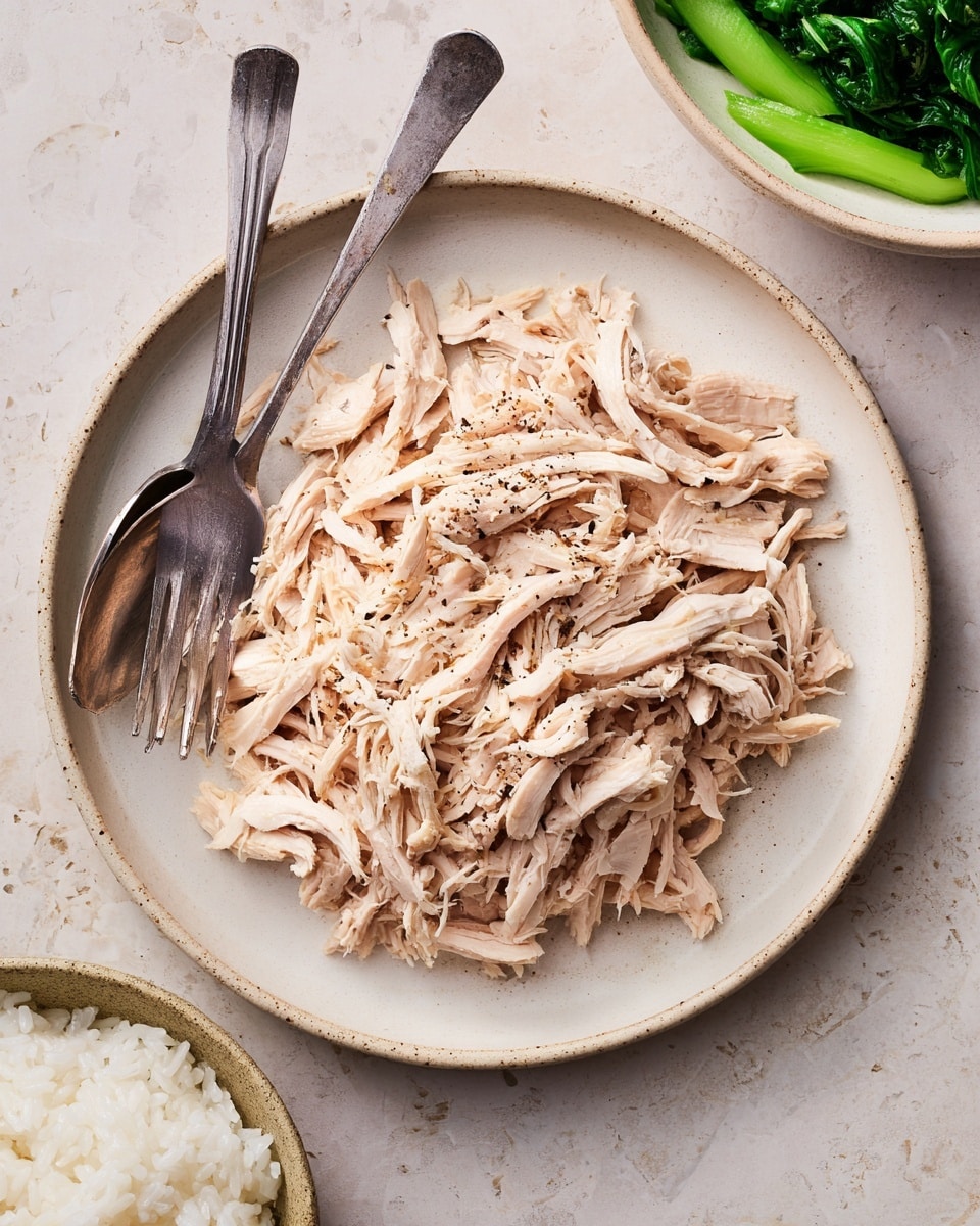 A white plate sits on a white marbled surface holding a single layer of shredded pale chicken meat sprinkled with black pepper. A metal spoon and fork rest side by side on the left edge of the plate. At the top right corner, part of a white plate shows bright green cooked leafy vegetables with a glossy texture. In the bottom right corner, a white bowl contains a single layer of cooked white rice with a soft, sticky texture. Photo taken with an iphone --ar 4:5 --v 7
