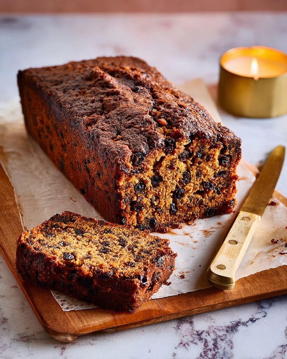 A loaf of dark brown fruit cake with a rough, slightly cracked top sits on a wooden board lined with brown parchment paper, showing many small dark pieces inside the dense, moist cake. One thick slice is cut and placed next to the loaf, revealing its speckled texture filled with dried fruits or nuts. A knife with a light-colored handle lies nearby on the board, and a small lit candle in a brownish-gold holder glows softly to the left. The scene is set on a white marbled surface with a soft pinkish background. photo taken with an iphone --ar 4:5 --v 7