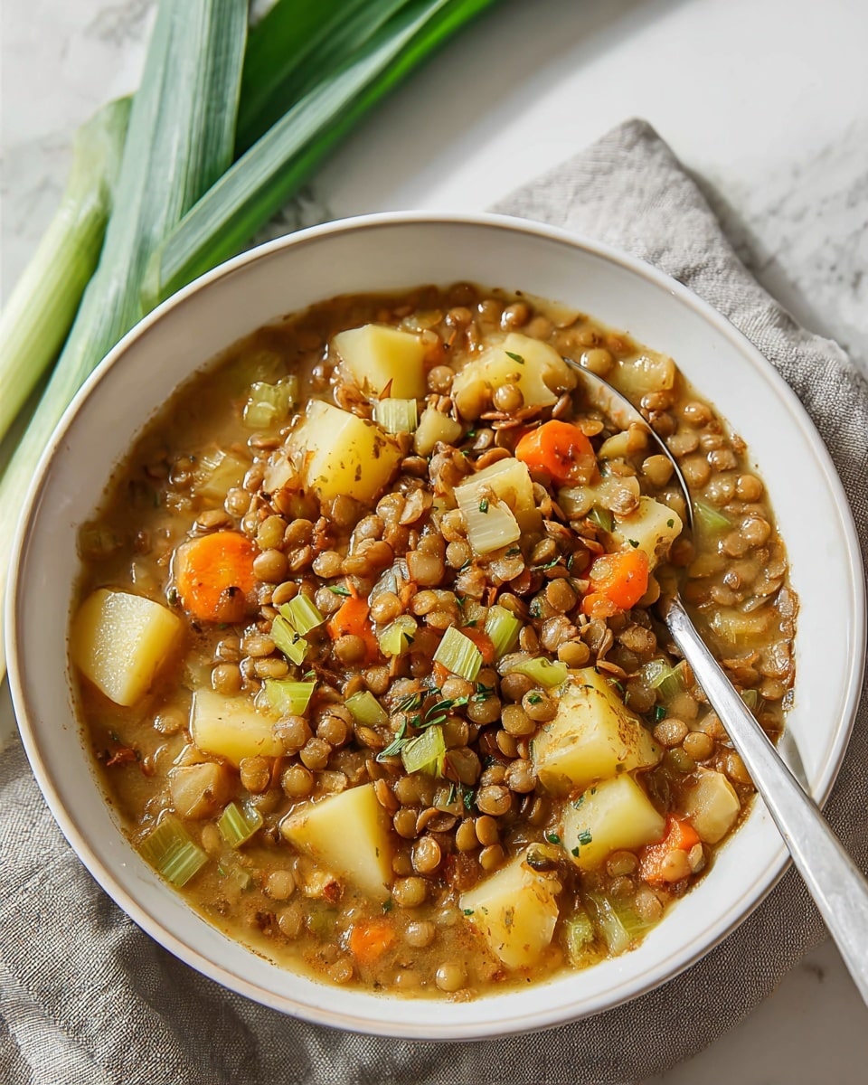 A white bowl filled with a thick lentil soup, showing one main layer of brown lentils mixed with chunks of pale yellow potato and bright orange carrot pieces, all sitting in a light brown broth with visible small bits of celery and black pepper sprinkled on top. A metal spoon is partially submerged in the soup, resting near the edge of the bowl. The bowl is placed on a light gray cloth on a white marbled surface with some long green leaves in the background. photo taken with an iphone --ar 4:5 --v 7