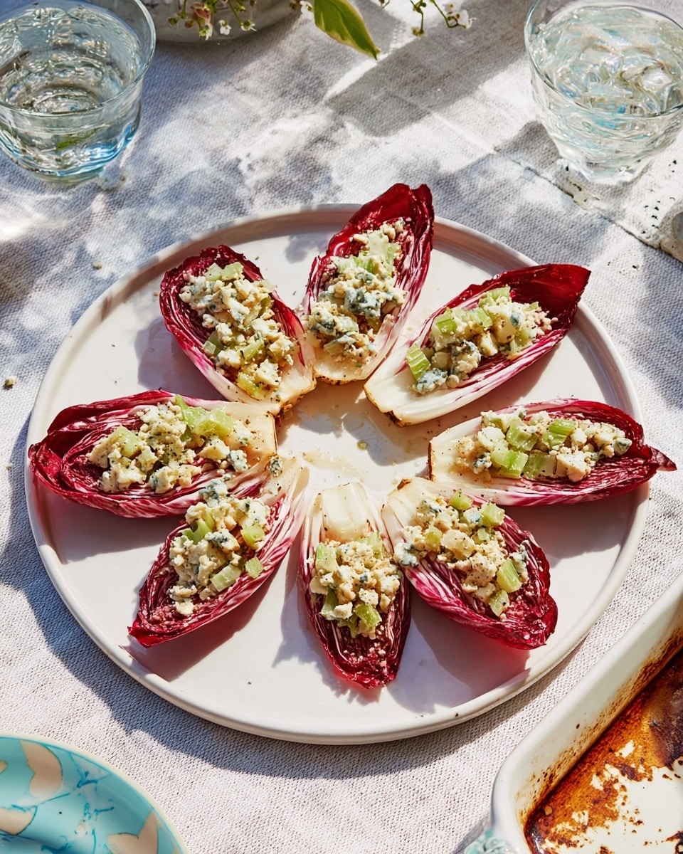 The dish shows ten red endive leaves arranged on a round white plate with a light carved pattern, placed on a white marbled textured tablecloth. Each endive leaf is filled with a small scoop of a creamy mixture that appears to contain finely chopped green apples, red onions, and crumbled blue cheese. The leaves have a deep red color fading to white near the base, and the creamy mixture adds a textured, pale yellow and green contrast on top. Around the plate, there is a clear turquoise glass with ice and part of a white baking dish with dark baked edges. The photo has natural sunlight highlighting the vibrant colors of the dish. Photo taken with an iphone --ar 4:5 --v 7