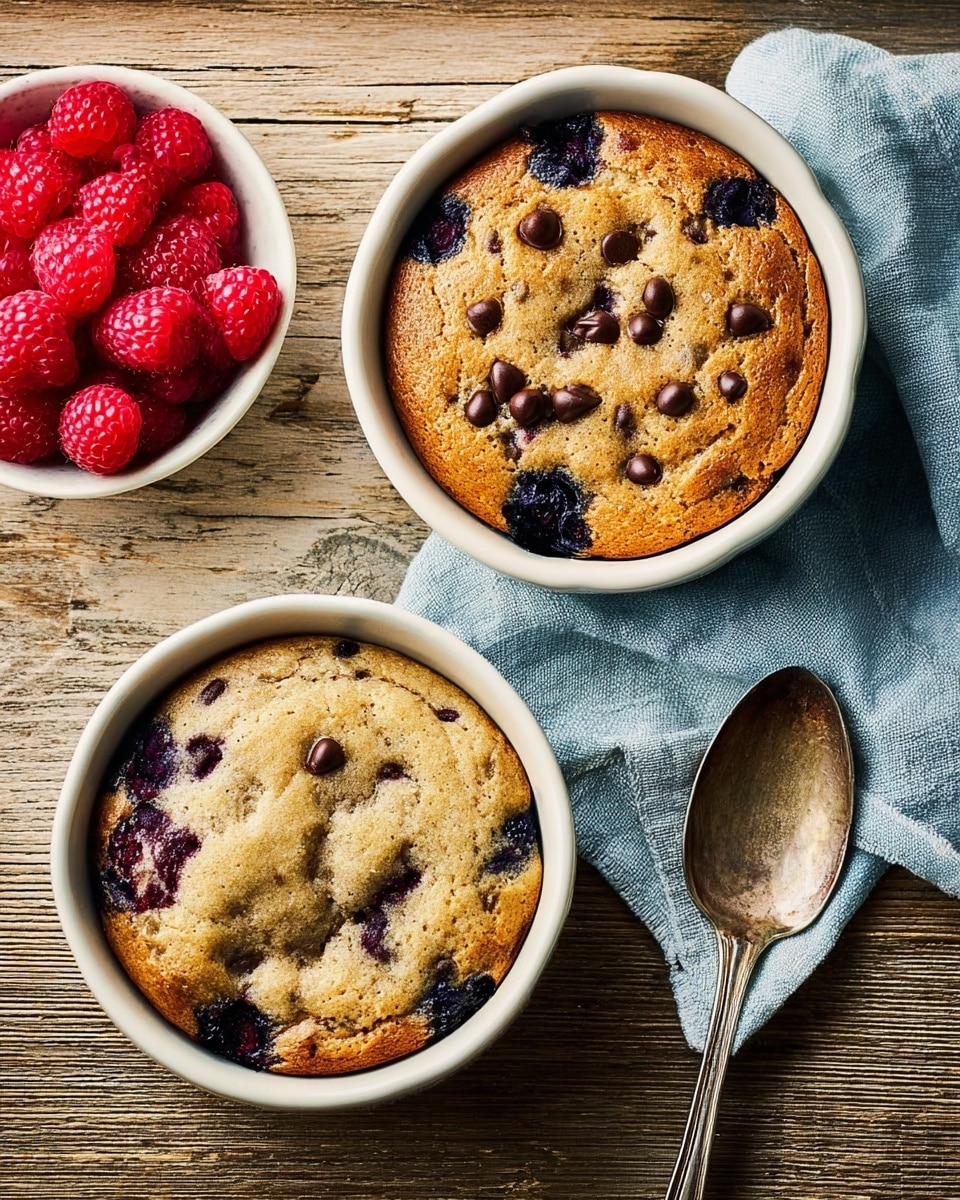 Two round baked cakes sit side by side in white ceramic ramekins on a white marbled surface. The cake on the left is golden brown with visible dark purple blueberries bursting through the soft, slightly cracked top layer. The cake on the right has a similar golden crust but is filled with dark brown chocolate chips scattered unevenly across the surface. A silver spoon lies in front of the ramekins on a light gray cloth, and a small white bowl filled with bright red raspberries is placed near the top left corner. A crumpled light blue cloth is draped near the top right ramekin, adding a cozy touch. photo taken with an iphone --ar 4:5 --v 7