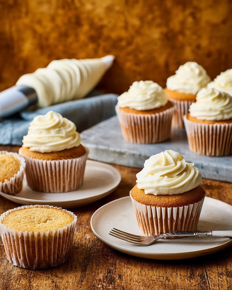 A group of eight golden brown cupcakes placed on a rustic wooden surface with a white marbled texture in the background. Five cupcakes are topped with a swirl of white creamy frosting with soft peaks and smooth texture, while three cupcakes show the plain golden cake top without frosting. Two cupcakes with frosting sit on simple white plates, one in the foreground next to a silver fork, and the other slightly blurred behind it. The remaining cupcakes are arranged in the background on a grey stone slab, next to a white piping bag with frosting visible at the tip. The warm yellow light highlights the soft texture of the frosting and the moist crumb of the cupcakes. photo taken with an iphone --ar 4:5 --v 7