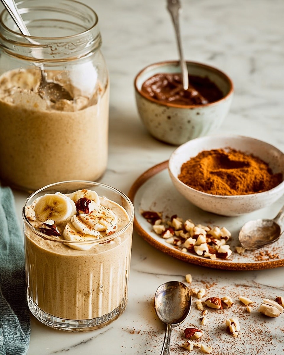 The image shows a clear glass cup filled with a creamy beige smoothie that has a thick texture. On top of the smoothie, there is a layer of light brown paste, probably chocolate or nut butter, with banana slices arranged neatly on one side. The topping is sprinkled with chopped almonds and a light dusting of brown powder, likely cinnamon. Behind the glass cup, there is a clear jar containing more of the beige smoothie mixture with a spoon inside. To the right, a white bowl holds a smooth dark brown paste with a spoon resting in it. Next to this bowl, a white plate has a smaller white bowl filled with ground cinnamon, surrounded by scattered chopped almonds. A silver spoon lies in front of the smoothie glass, placed on a surface with a white marbled texture. photo taken with an iphone --ar 4:5 --v 7