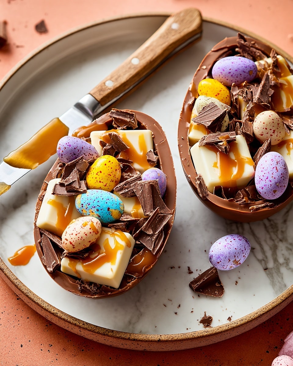 Two chocolate egg halves are placed side by side on a white plate, which rests on a larger white plate, all set on a white marbled surface. Each egg half has a thick dark chocolate shell as the first layer. On top, there are small colorful candy eggs in pastel pink, purple, yellow, and white with speckles, scattered along with chunks of white chocolate and broken milk chocolate pieces. Caramel sauce is drizzled lightly over the left egg half, adding a glossy amber touch. To the right of the plate lies a knife with a wooden handle and metal blade. The scene is bright and colorful, with the textured backdrop enhancing the rich chocolate and sweet toppings. Photo taken with an iphone --ar 4:5 --v 7