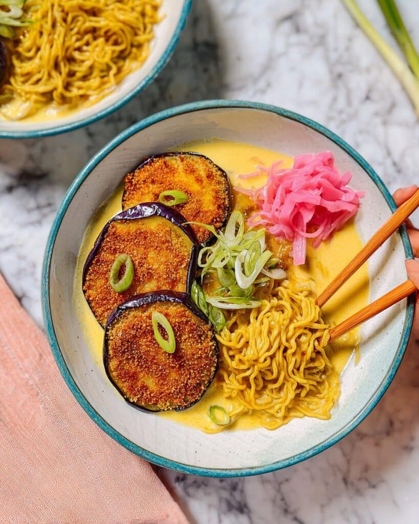Katsu Aubergine Noodles with Curry Coconut Sauce Recipe