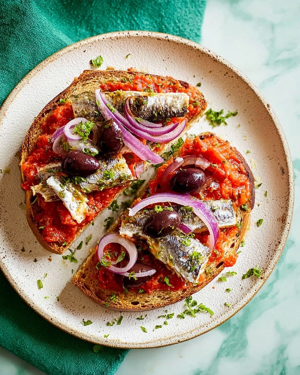 Two pieces of toasted bread with a brown and crispy texture, each topped with a bright red crushed tomato layer. On top of the tomato, there are small silver sardine fillets placed in the center, garnished with dark purple olive slices and thin, curved rings of light purple onion. Small green herb pieces are sprinkled over the dish. The toast is served on a round white plate sitting on a white marbled surface. Photo taken with an iphone --ar 4:5 --v 7