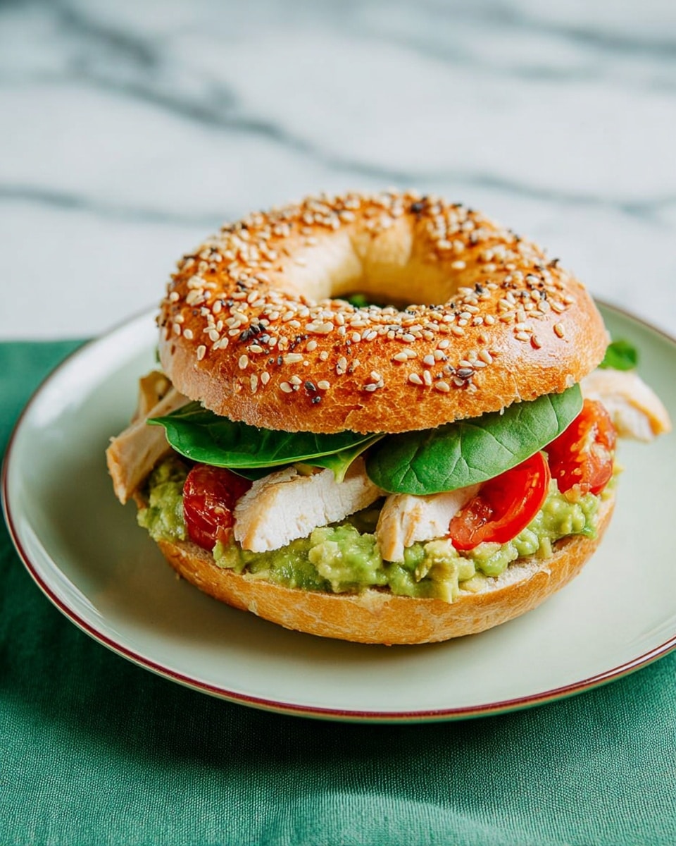 A sesame seed bagel sandwich is placed on a white plate, sitting on a white marbled surface. The bagel is golden brown with crunchy sesame seeds on top. The sandwich has three visible layers: the bottom layer shows a light brown toasted bagel with smashed avocado and small red tomato pieces on top. The middle layer contains slices of light-colored cooked chicken, while the top layer has fresh, bright green spinach leaves. Photo taken with an iphone --ar 4:5 --v 7