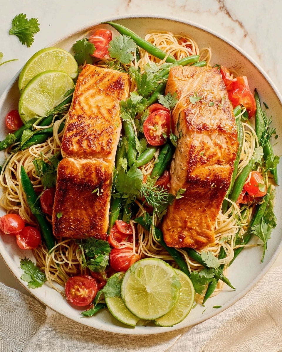 A white round plate holds two large pieces of golden-brown cooked salmon placed side by side on top of a bed of noodles mixed with green beans and halved cherry tomatoes. Bright green lime wedges and fresh cilantro leaves are scattered around the edges of the plate, enhancing the colors with fresh green shades. The food sits on a soft white marbled textured surface with a beige cloth napkin nearby. The whole dish looks fresh, colorful, and inviting. photo taken with an iphone --ar 4:5 --v 7