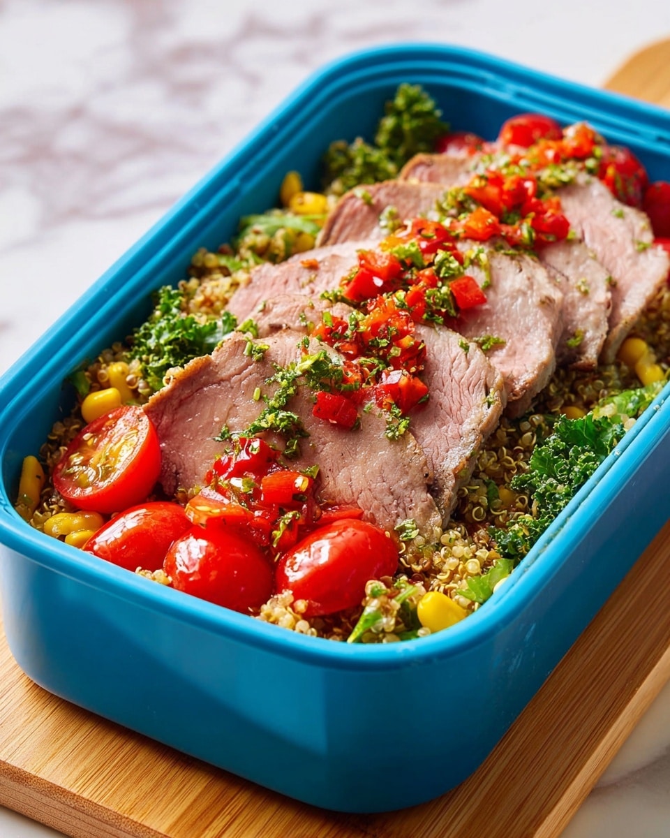 A blue rectangular container sits on top of a wooden box with a yellow strap, filled with layers of food. The bottom layer is a mix of green leafy kale and other vegetables like corn and chopped red tomatoes, with visible quinoa seeds scattered throughout. On top of this green and colorful vegetable base, there are several slices of pink roast beef with some brown crust edges, garnished with small pieces of red bell pepper and herbs spread over the meat. The background is a yellow-colored surface. photo taken with an iphone --ar 4:5 --v 7