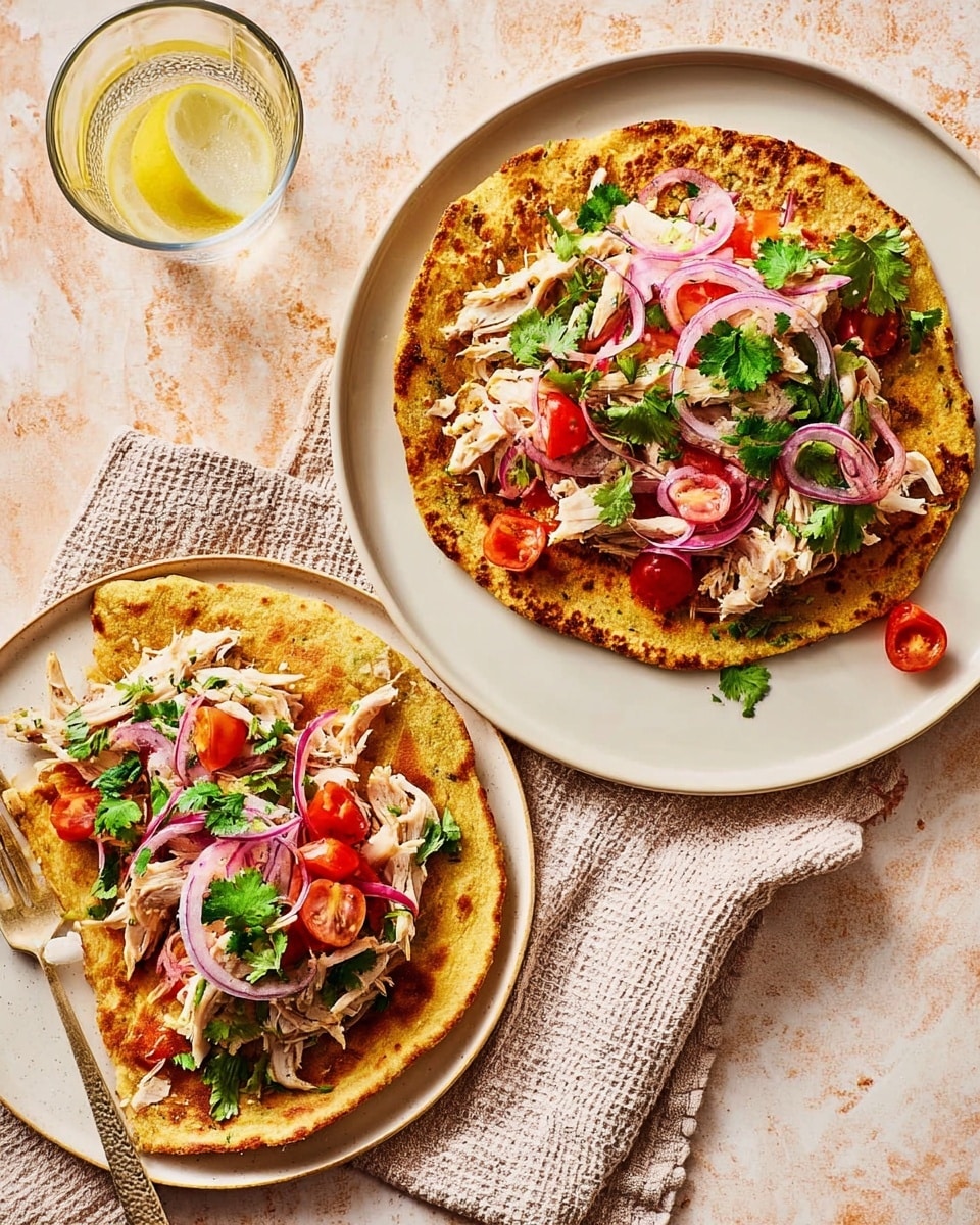 Two plates with white rims sit on a white marbled surface alongside a light orange textured cloth and a glass of water with a lemon slice. The front plate shows one round omelet tortilla, golden brown with a slightly rough texture, topped with layers of shredded white chicken, dark cooked beef chunks, bright red diced tomatoes, and thinly sliced pink pickled onions, sprinkled with fresh green cilantro leaves. The back plate holds another similar omelet tortilla folded in half with the same colorful mixture of chicken, beef, tomatoes, pickled onions, and cilantro peeking out. The light creates soft shadows and highlights on the food, making the colors stand out vividly. photo taken with an iphone --ar 4:5 --v 7