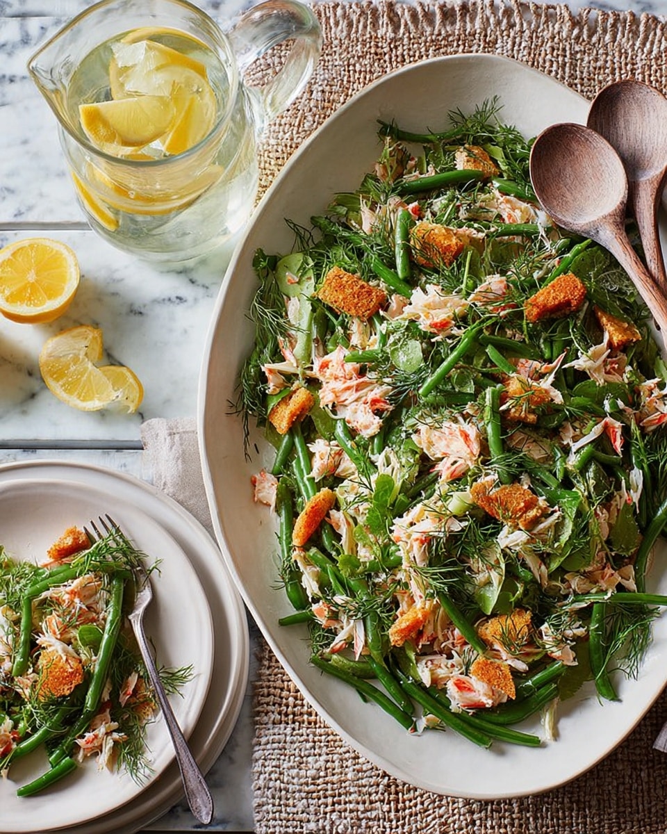 A large white oval plate filled with a fresh salad featuring layers of green leafy spinach and green samphire stems, topped with light orange shredded crab meat and scattered golden-brown crispy croutons, with sprigs of fresh dill adding a touch of darker green. A silver spoon and fork with wooden handles rest on the plate’s edge. Next to the plate is a smaller bowl containing a similar salad mix. To the top left, a clear glass jug holds water with bright yellow lemon slices inside, all placed on a white marbled surface. photo taken with an iphone --ar 4:5 --v 7