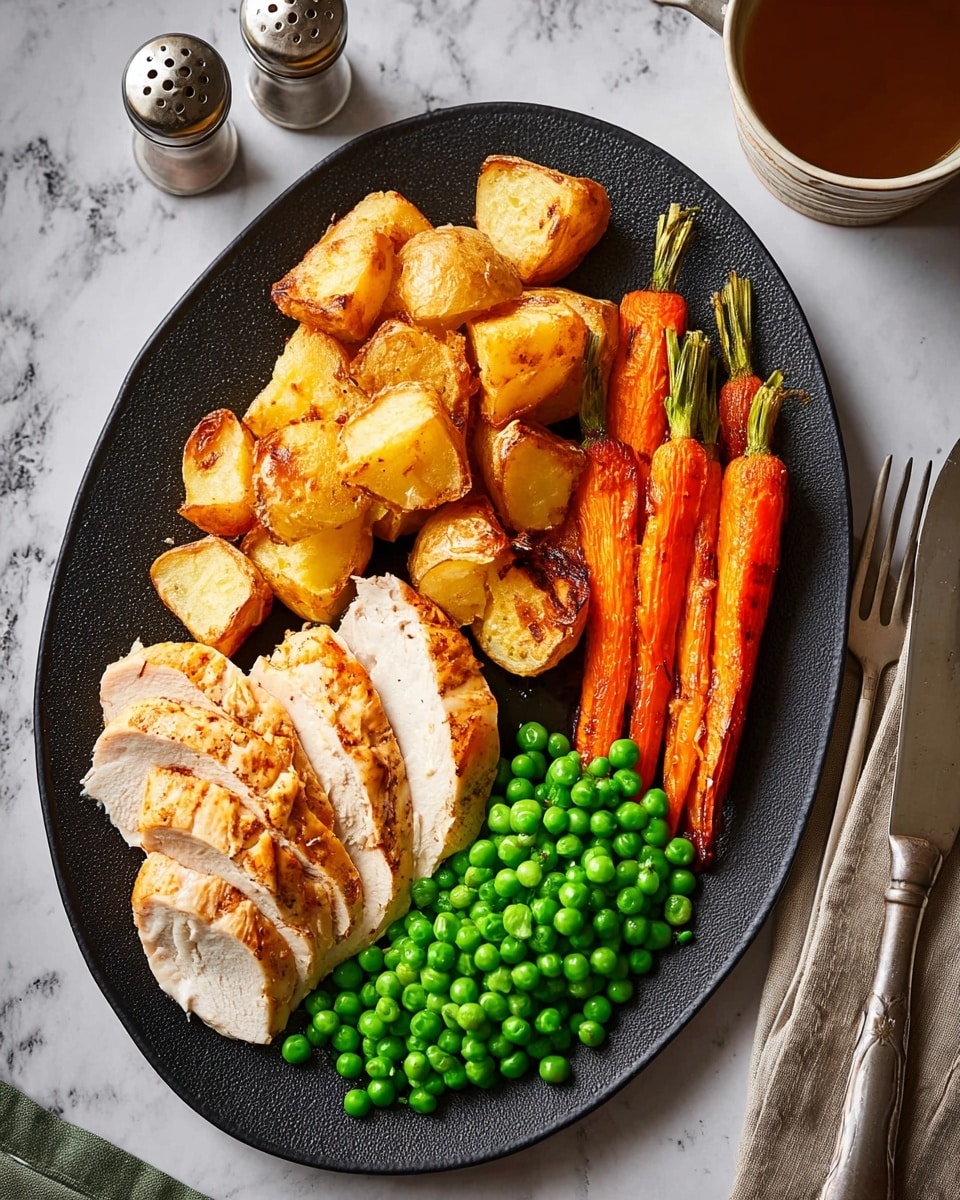A black oval plate sits on a white marbled surface, holding a meal arranged in four sections. On the left, there is a sliced piece of golden brown roasted chicken breast with a slightly crispy skin and visible black pepper specks. To the upper right, there are several orange roasted carrot sticks, tender with a bit of char on the edges. Below the carrots, golden roasted potato chunks with a crispy outer layer are stacked. At the bottom of the plate, there is a small pile of bright green peas, smooth and round. To the right side of the plate, a silver knife and fork rest on the white marbled surface. In the background, there is a cup of dark liquid and salt and pepper shakers. photo taken with an iphone --ar 4:5 --v 7