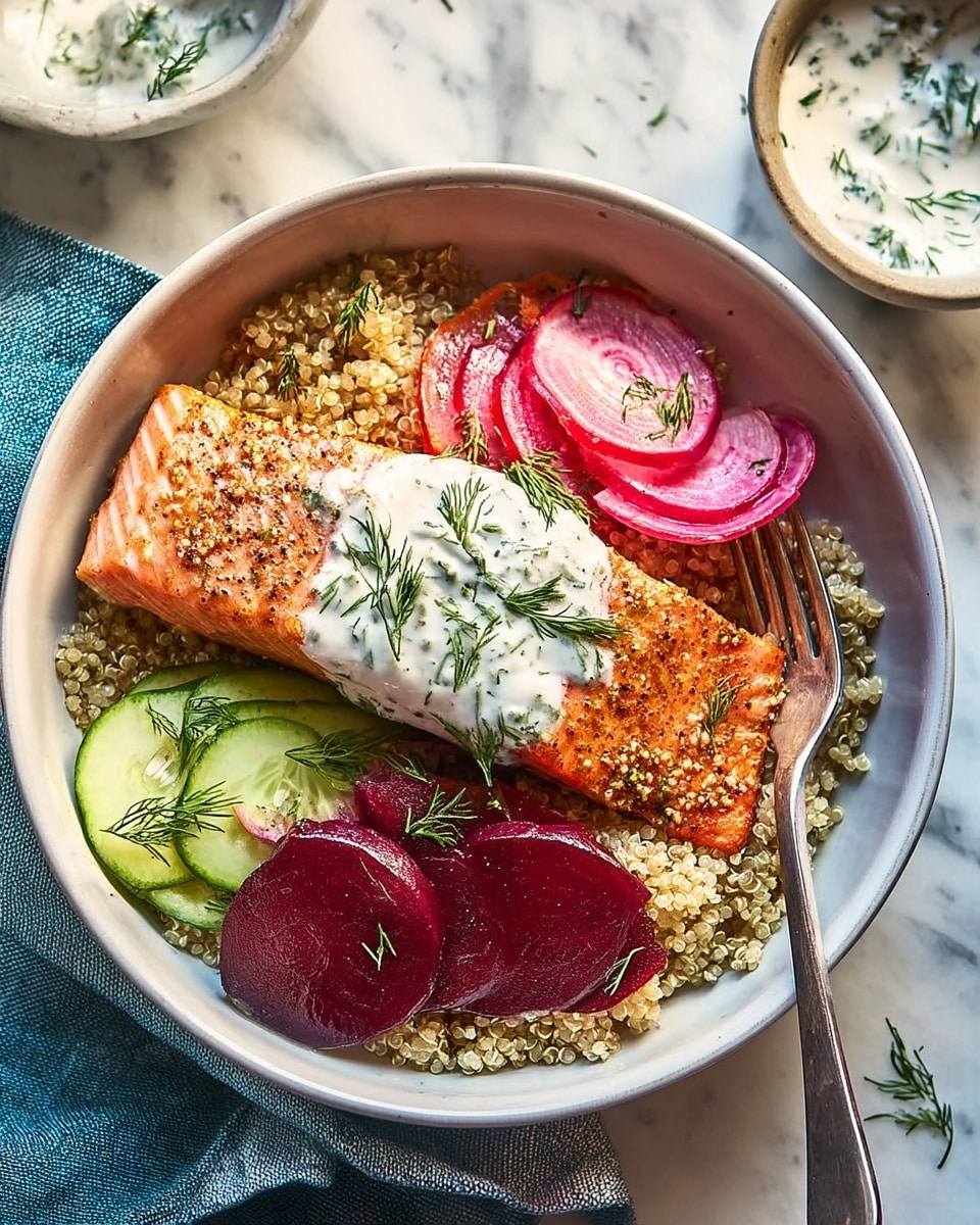 A white bowl filled with a base layer of light brown quinoa with a grainy texture. On top, a golden-brown cooked salmon fillet occupies the center, topped with a dollop of white creamy sauce sprinkled with green dill. To the right of the salmon, thin slices of fresh cucumber and radish create a mix of light green and pale pink rounds. Above the salmon, there are dark reddish-purple slices of beetroot with small green dill sprigs scattered on all ingredients. A silver fork rests inside the bowl on the left side, next to the salmon. The bowl sits on a white marbled surface. photo taken with an iphone --ar 4:5 --v 7