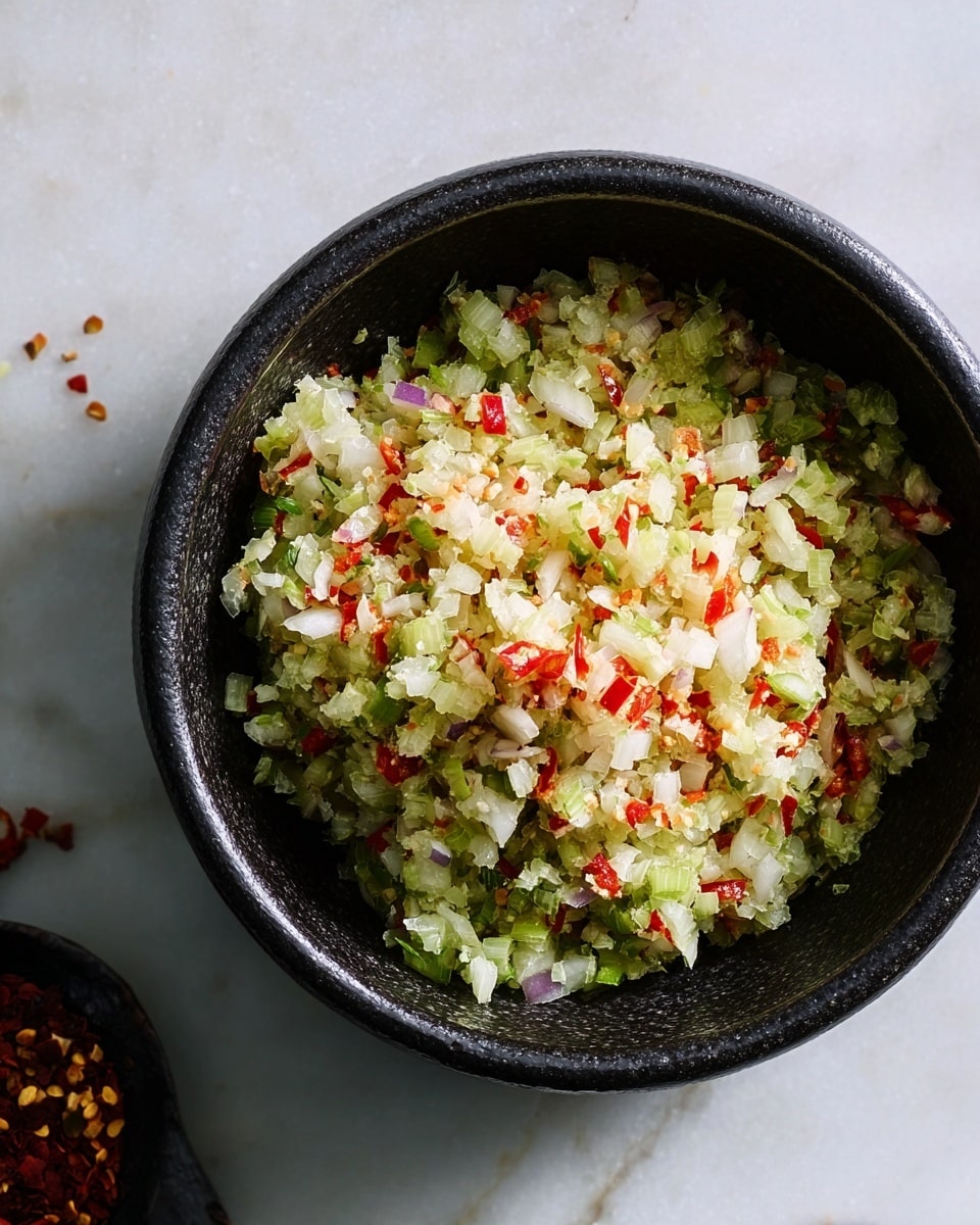 A small round bowl filled with a finely chopped mix of ingredients including white onions and small pieces of green and red chili peppers. The colors are mostly pale with bits of bright red and green scattered throughout the bowl, creating a colorful and fresh look. The bowl is black and smooth, sitting on a white marbled surface that adds contrast to the mix inside. photo taken with an iphone --ar 4:5 --v 7