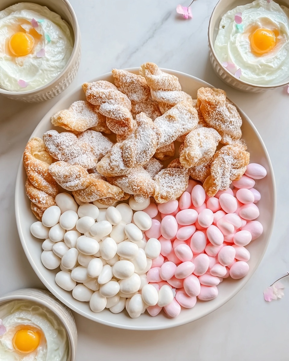 A white plate is filled with three main items arranged in separate sections: on the top half, there are golden-brown twisted fried pastries lightly dusted with powdered sugar, showing a crisp and airy texture; below them on the left side, there are smooth, shiny white oval candies or nuts; and on the right side, there is a mix of pink and white smooth oval candies or nuts, softly glowing with a pastel tone. The plate sits on a white marbled surface, next to white bowls containing creamy white yogurt topped with small yellow dollops. photo taken with an iphone --ar 4:5 --v 7