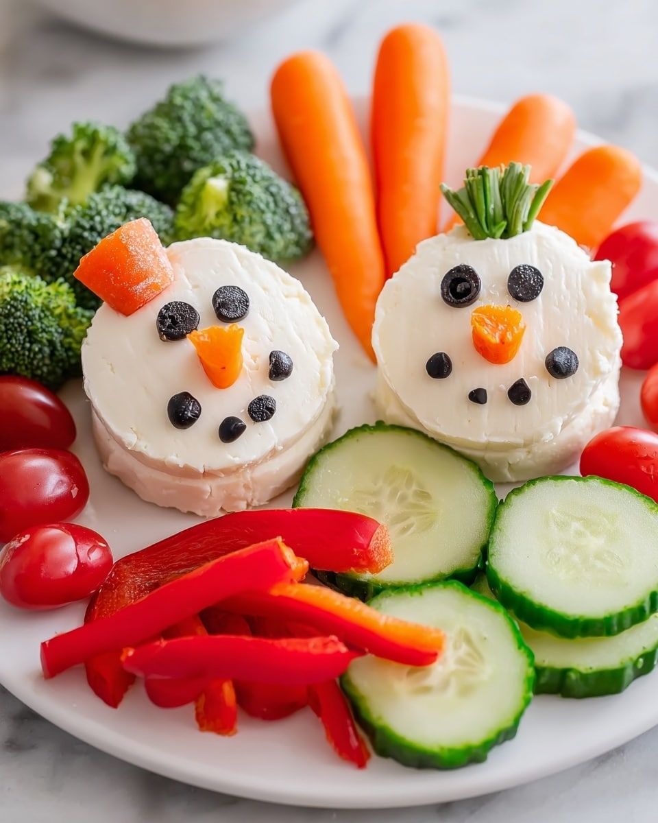 Two snowman faces sit side by side on a white plate with a white marbled background. Each snowman has two rounded layers of white cream cheese spread, forming their heads and bodies. The eyes and mouths are made with small black olives, arranged in circles for smiles, and placed evenly on the top layer. Each snowman has a small triangular orange carrot for a nose in the center of its face. Around them are colorful fresh vegetables: bright orange baby carrots, green broccoli florets, round red cherry tomatoes, and green cucumber slices, arranged to frame the snowmen nicely. Photo taken with an iphone --ar 4:5 --v 7