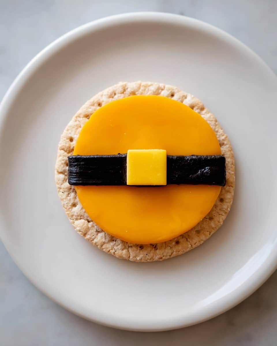 A single round cracker with a rough texture forms the base layer, topped by a smooth, shiny, bright orange circular cheese slice that covers the cracker fully. Across the middle of the cheese is a thick black strip, glossy and slightly wrinkled, resembling a belt. Centrally placed on the black strip is a small, neat yellow square piece that looks like a buckle. The whole snack sits on a clean white plate against a white marbled textured surface. photo taken with an iphone --ar 4:5 --v 7
