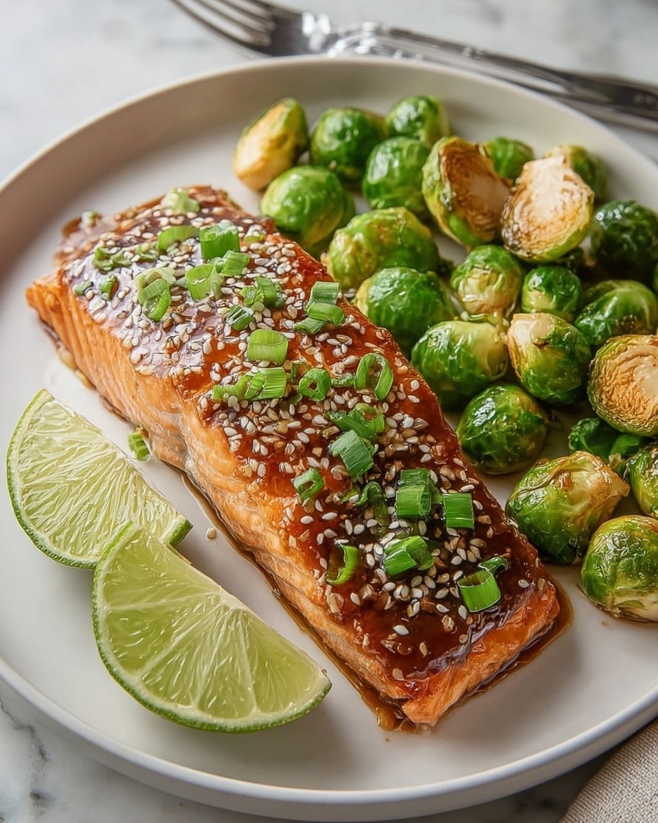 A white plate holds a cooked salmon fillet with a glossy dark brown sauce on top, sprinkled with white sesame seeds and chopped green scallions. Next to the salmon are golden-brown roasted Brussels sprouts, some cut open showing their yellow inner layers with crispy edges. In front of the salmon are two bright green lime wedges with textured skin. A silver fork rests behind the food on the plate, all set on a white marbled surface. photo taken with an iphone --ar 4:5 --v 7