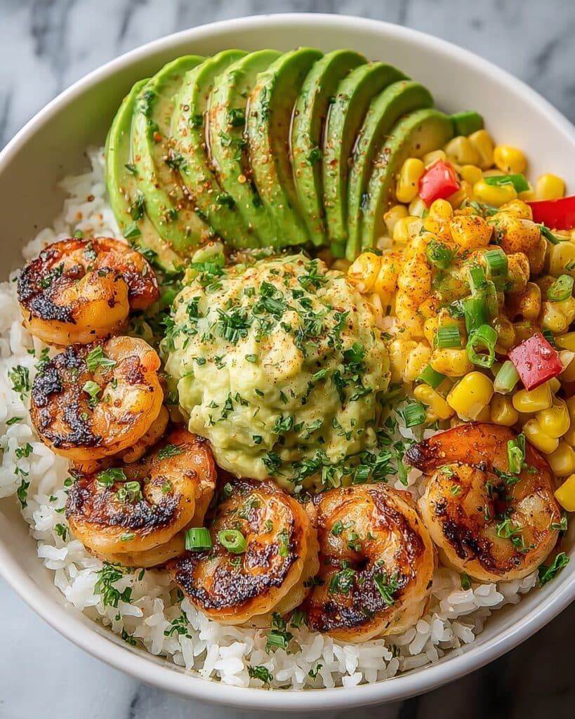 Grilled Shrimp with Avocado Corn Salsa and Creamy Lime Sauce Recipe