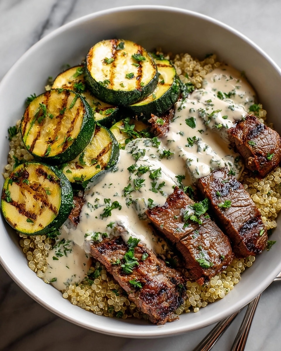 A white bowl contains a three-layer dish starting with a base layer of cooked quinoa, light yellow and fluffy with small round grains filling the bowl. On one side, there are thick, grilled zucchini slices with green edges and yellow centers, showing char marks and drizzled with a creamy white sauce sprinkled with chopped green herbs. Beside the zucchini, four slices of grilled steak with dark brown sear marks and a juicy texture are placed in a row, also topped with the same creamy sauce and herbs. The bowl rests on a white marbled surface, with a spoon and fork placed nearby. Photo taken with an iphone --ar 4:5 --v 7
