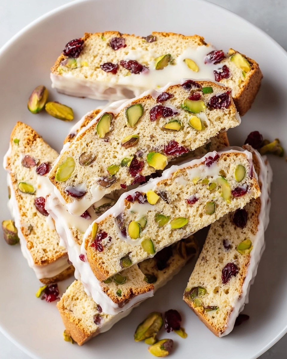 A white plate holds several pieces of biscotti arranged closely, each piece showing three layers: the base is a light brown, crunchy biscuit embedded with green pistachio nuts and dark red cranberries; the middle layer is the biscuit's inner crumb, crumbly and pale beige with visible pistachio and cranberry chunks; the top layer is a shiny white icing drizzled unevenly across the biscotti tops. Some pistachio nuts are scattered around the plate. The background is a white marbled texture. photo taken with an iphone --ar 4:5 --v 7