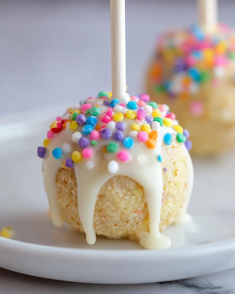 A close-up of a small round cake pop with a beige, crumbly textured base covered halfway at the top with smooth white icing that is slightly melting and dripping down the sides. The icing is decorated with small, round, colorful sprinkles in pink, blue, yellow, green, orange, purple, and white. A white stick is inserted in the top center of the cake pop. The cake pop is placed on a white plate with a white marbled surface in the background, and another similar cake pop is blurred in the background. photo taken with an iphone --ar 4:5 --v 7