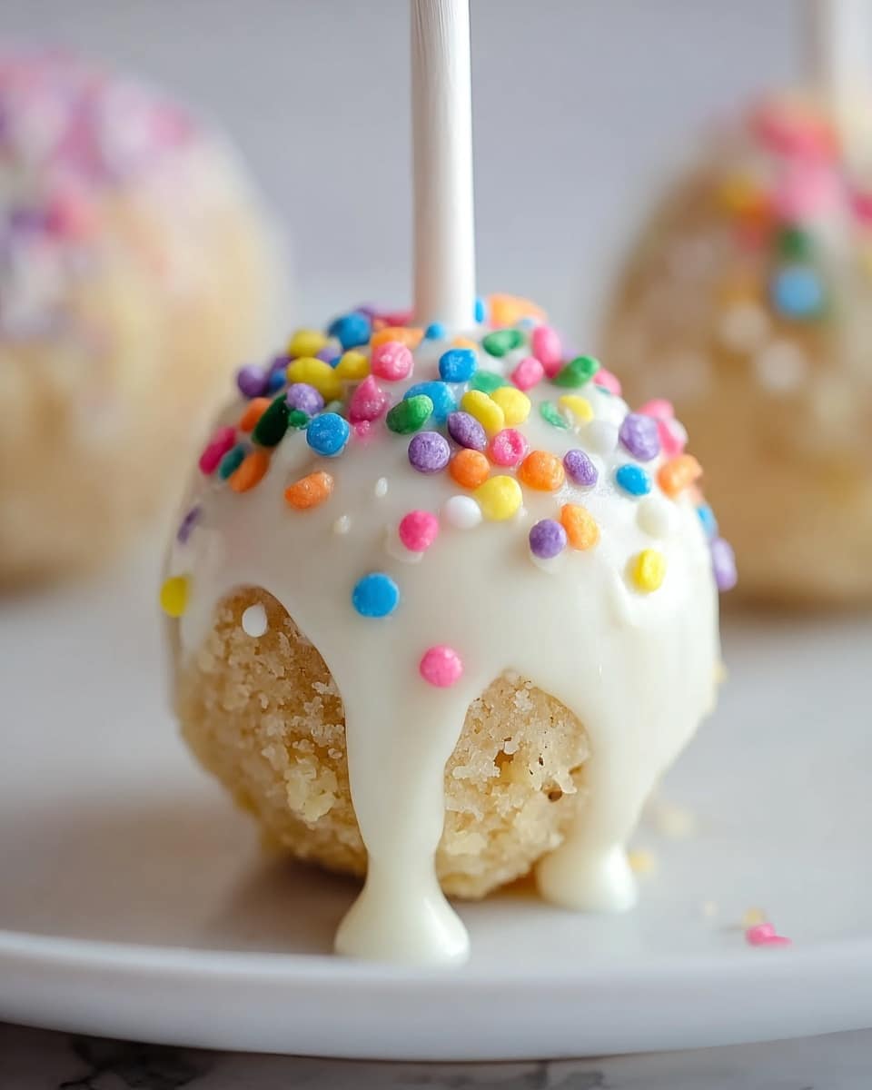 A small round cake pop with a light beige crumbly base, topped with a layer of white icing that drips slightly down the sides, covered in tiny colorful round sprinkles in pink, blue, green, yellow, purple, orange, and white, with a white stick inserted in the center, placed on a white plate with a white marbled background; another cake pop blurred in the background. photo taken with an iphone --ar 4:5 --v 7
