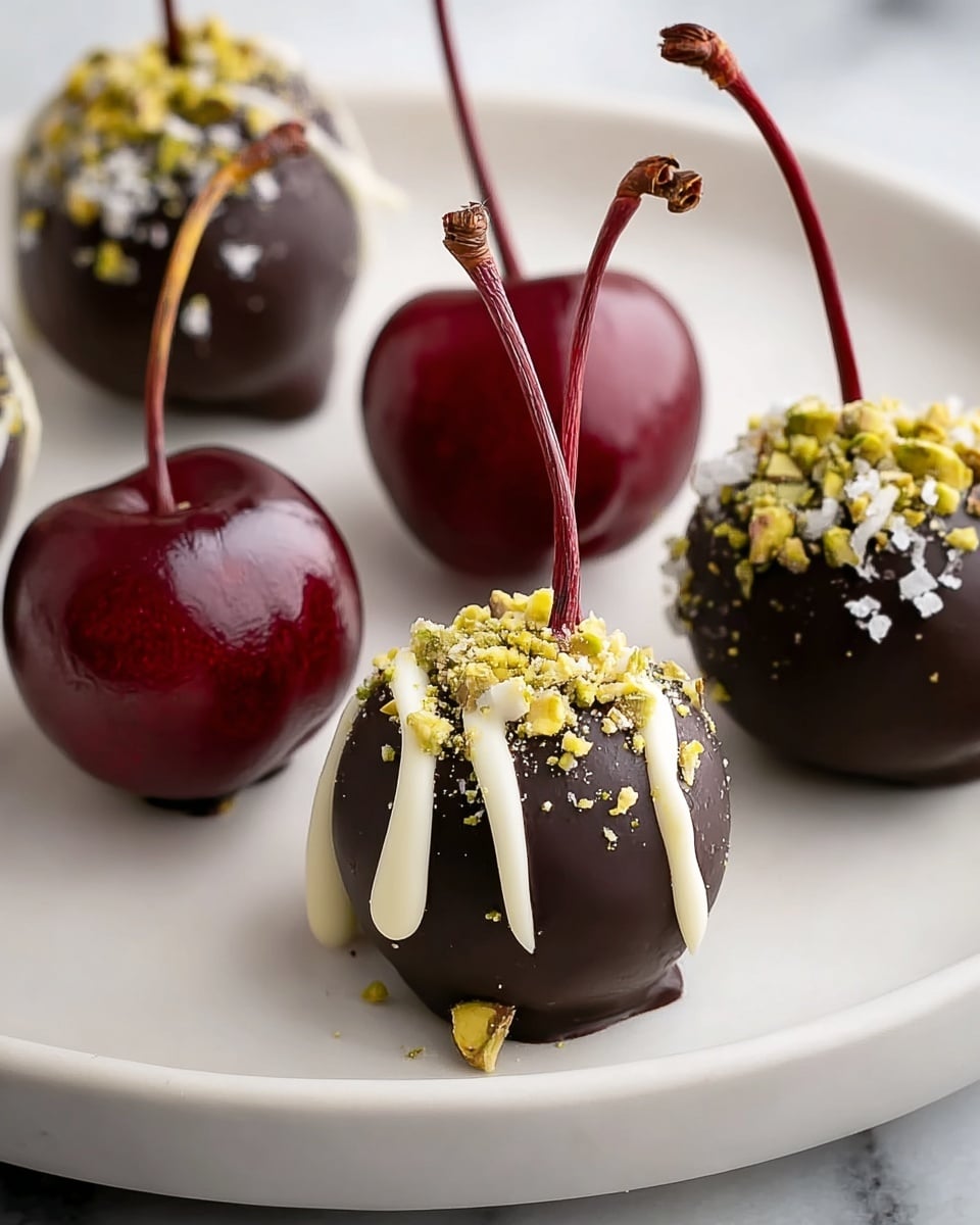 Five cherries with red stems are arranged on a white plate with a white marbled texture surface below. Three cherries are fully coated in a smooth dark chocolate layer with small pieces of green pistachio nuts and white flakes sprinkled on top, and thin white chocolate drizzles in a random pattern on the surface. Two cherries in the background are plain, showing their deep red shiny skin. The dark chocolate coating has a glossy texture, contrasting with the bright green pistachio pieces and the white chocolate drizzle. photo taken with an iphone --ar 4:5 --v 7