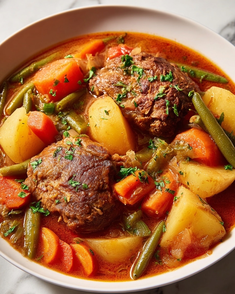 A white bowl filled with a hearty stew featuring two golden-brown fried chicken pieces as the top layer, sprinkled with chopped green herbs. Beneath and around the chicken, there are thick orange slices of cooked carrot, chunks of yellow potato, and whole green beans, all immersed in a rich reddish-brown broth with visible tomato and onion pieces. The dish has a colorful and textured appearance with fresh herbs scattered on top, sitting on a white marbled surface. Photo taken with an iphone --ar 4:5 --v 7