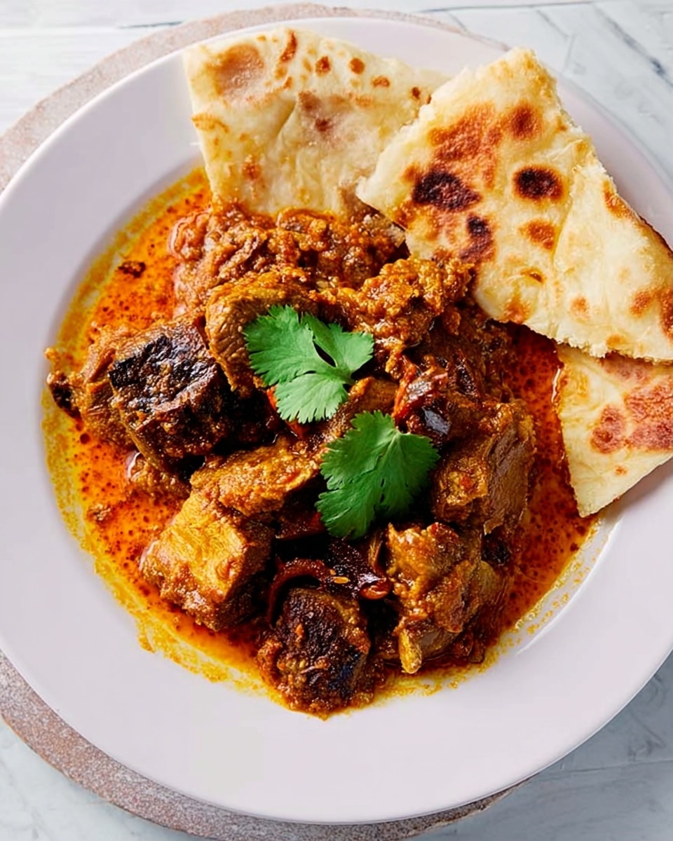 A white plate holds a serving of rich, orange-brown curry with chunks of tender chicken and visible whole spices such as cinnamon sticks, coated in a thick sauce with a slightly oily texture. Two fresh, green cilantro leaves sit on top for garnish. On the side of the plate, there is a piece of flatbread with a light brown, slightly charred surface and soft texture. The plate rests on a white marbled surface, with a pink napkin partially visible underneath. Photo taken with an iphone --ar 4:5 --v 7